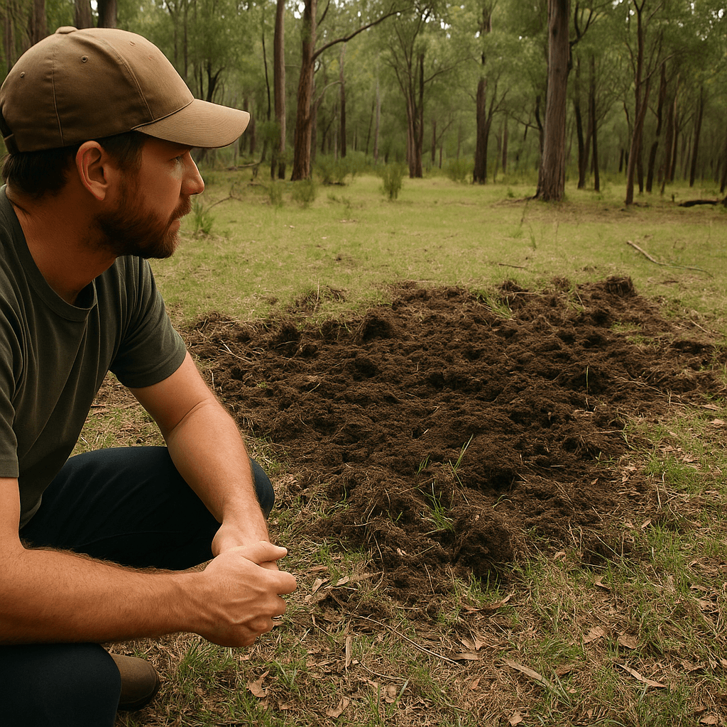 Inspecting fresh pig rooting in jarrah forest